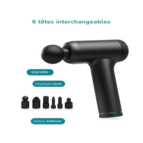 Pistolet de massage percussif noir — 6 têtes, 3200 RPM, amplitude 12mm, batterie 2400mAh