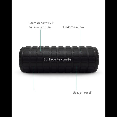 Foam Roller noir 45cm EVA — Rouleau de massage musculaire RecovPro avec annotations