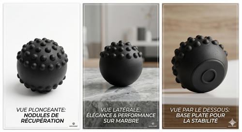 Balle de massage trigger point angles variés - vue plongeante, latérale, dessous